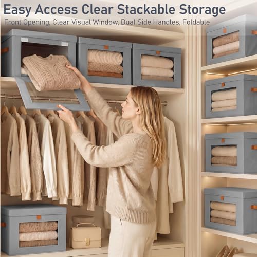 DIMJ Storage Bins with Lids - 6 Pack Front Opening Stackable Fabric Storage Boxes with Clear Window & Handles, Collapsible Closet Organizers for Clothes, Sweaters, Shelf Storage, Bedroom, Gray - color: Gray, size: Medium-6 Pack
