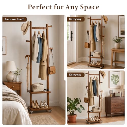 Small Clothes Rack Solid Wood Coat Rack Freestanding with Wheels | Space Saving, Stable 5 Hooks 2 Shelves Coat Tree, Silent 360 Degree Wheels, Heavy Duty 150 lb Capacity for Entryway Bedroom - color: Walnut Brown, size: S: 15.7" x W: 11.8" x H: 70" (With