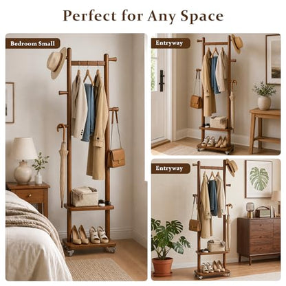 Small Clothes Rack Solid Wood Coat Rack Freestanding with Wheels | Space Saving, Stable 5 Hooks 2 Shelves Coat Tree, Silent 360 Degree Wheels, Heavy Duty 150 lb Capacity for Entryway Bedroom - color: Walnut Brown, size: S: 15.7" x W: 11.8" x H: 70" (With