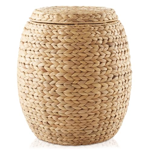 Casafield Round Storage Basket with Lid - Natural, Handwoven Water Hyacinth Organizer for Laundry, Blankets, Plants, Bedroom, Living Room, Home Office - color: Natural