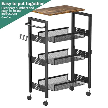 Vivihomety 4-Tier Laundry Utility Rolling Cart with Wheels, Kitchen & Bath | Narrow 8.1" wide, lockable wheels, wood top panel, metal frame, for laundry room, small spaces, pantry, tight gaps, Black - color: Black, size: 8.1 inch wide