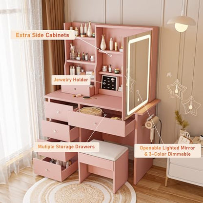 Vanity Desk with Mirror and LED Lights, Makeup Vanity Set with Power Outlet, and Stool,Jewelry Storage,Pink Vanity Desk for Bedroom - style: Pink