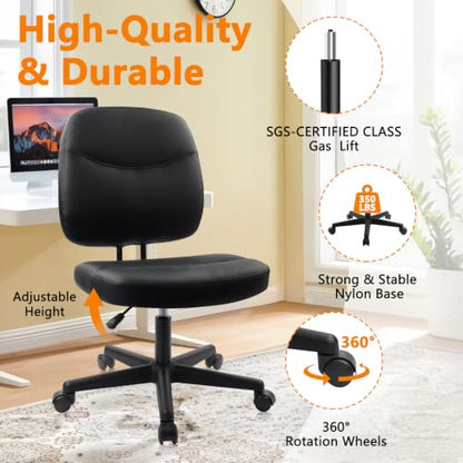 CLATINA Armless Home Office Chair,Small PU Leather Ergonomic Low Back Desk Chair with Lumbar Support and Wheels, Adjustable Height 360° Swivel Rolling Computer Task Chair, Black - color: Black-heihu, size: 1 Pack