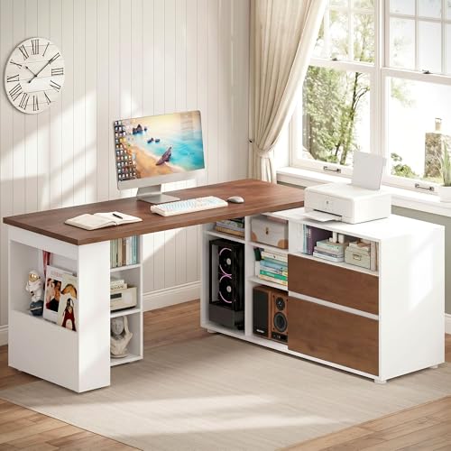 L Shaped Desk with 2 Drawers and 3 Shelves, 60" Reversible Corner Desk, Computer Desk with 10 Cubby Storage Organize, Home Office Executive Desk for Writing Study Work, White