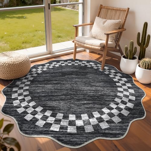 GarveeHome Washable Scalloped Round Rug 4ft Modern Solid Color Circle Rugs | Non Slip Low Pile Living Room Throw Carpat Bedroom Scalloped Round Area Rug Stain Resistant Bordered Rug for Kitchen, 4'x4' - color: Scalloped Dark Grey, size: 4' (Round)