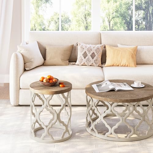 karlott Farmhouse End Table, French Country Round Side Table, Beige | Curved Motif Frame Base With Distressed Tray Top, Boho Accent Table Ideal, End Tables for Living Room, Small Space, Bedroom - size: End Table 18.5 Inches
