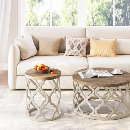 karlott Farmhouse End Table, French Country Round Side Table, Beige | Curved Motif Frame Base With Distressed Tray Top, Boho Accent Table Ideal, End Tables for Living Room, Small Space, Bedroom - size: End Table 18.5 Inches