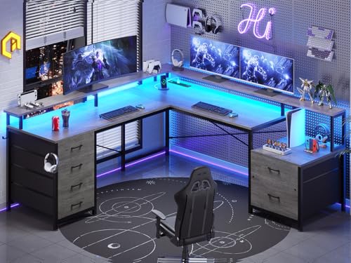 SEDETA L Shaped Computer Desk with 6 Drawer, File Drawer & Power Outlet | 108" Corner Computer Desk with Monitor Shelf, File Cabinet for Home Office/Two Person, Gaming Desk with Led Lights, Grey - color: Grey