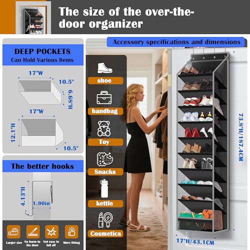 10 - Pocket Over - the - Door Hanging Shoe Organizers & Rack, Made of Sturdy 600D Oxford + Non - Woven Fabric, Space - Saving Storage for Shoes, Boots & More (Black) - color: Black