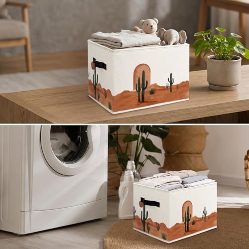 Boho Southwest Cactus Cube Storage Bins, Vinatge Western Collapsible Storage Boxes with Handles, Southwestern Boho Sun Organizer Bins for Laundry Bedroom Living Room, 14.2x10.6x10.6in