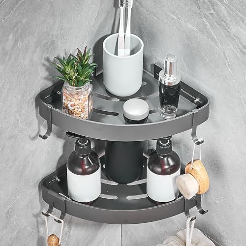 DUFU Adhesive Corner Shower Caddy with Hooks, Grey, 2 Pack | Bathroom Shower Organizer, No Drilling Rust Proof Aluminum Shower Shelf for Inside Shower - color: Grey