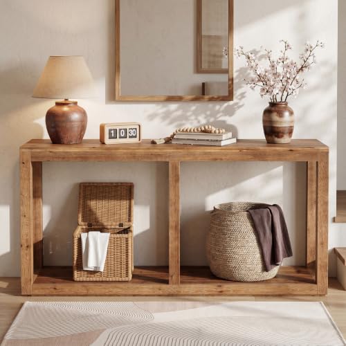 70.9" Solid Wood Console Table, Entryway Table, Sofa Tables | Farmhouse Style, 2-Tier Storage, Narrow Long Design, For Living Room, Hallway, Entrance, Brown