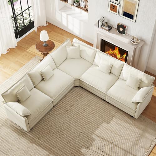 114" Oversized Modular Sectional Sofa, 5-Seater V Shaped Cloud Couch Set, Comfy Chenille Deep Seat Sofa with 5 Throw Pillows, DIY Combination for Living Room (Beige) - color: Beige, size: 114" Coner V Sofa