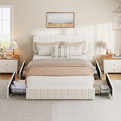 Garvee Queen Size Velvet Bed Frame with 4 Drawers, Adjustable Headboard | Upholstered Platform Bed with Vertical Channel Tufted Design, Noise Free Bed Frame, No Box Spring Needed, Easy Assembly - color: Beige