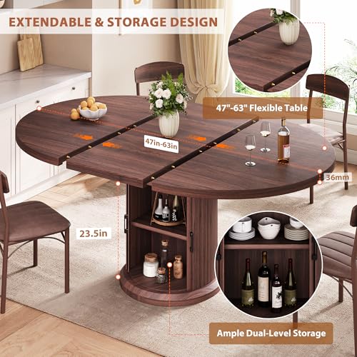 Jocoevol 47″–63″ Extendable Round Dining Table for 4–8 with Dust-Proof 2-Tier Storage Shelf Space Saving Expandable Wood Oval Circle Dinner Furniture with Pedestal Base (Brown) - color: Brown