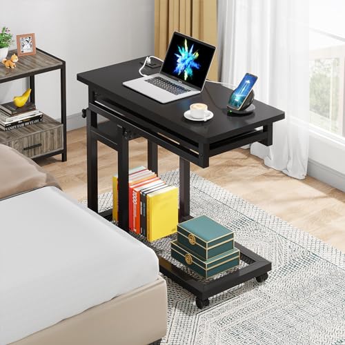 Tribesigns Small Portable Desk with Power Outlet, Height Adjustable Sofa Couch Bedside Laptop Table with Wheels, Mobile Standing Desk Rolling Computer Cart C Side Table with USB Ports - color: Black