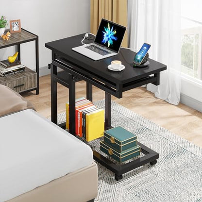 Tribesigns Small Portable Desk with Power Outlet, Height Adjustable Sofa Couch Bedside Laptop Table with Wheels, Mobile Standing Desk Rolling Computer Cart C Side Table with USB Ports - color: Black