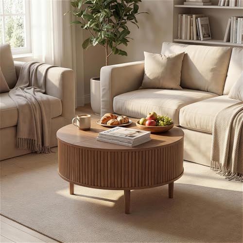 31.5" Round Coffee Table with Lifting Top, Storage for Living Room, Walnut | Fluted Center Table, Mid Century Modern Design for Home Office and Small Space with 4 Hidden Compartments - color: Walnut