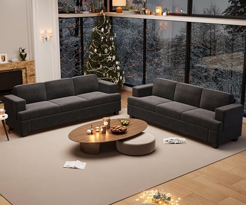 YOUDENOVA 2 Piece Set Comfy Sofa Couch, 2 3-Seater Sofa with Deep Seats, Modern Sleeper Couch for Living Room, Dark Grey Chenille - color: Dark Grey Chenille, size: 3-Seater*2