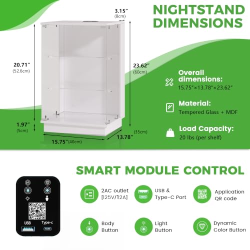 HNEBC LED Nightstand with USB-C Charging Station&Lights for Bedroom-White | Curio china Cabinet, Motion Sensor Smart Glass RGB Side Table with App Control, Charging Station Tempered Glass Collectiblem - color: 91174-white