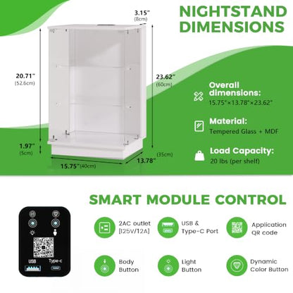HNEBC LED Nightstand with USB-C Charging Station&Lights for Bedroom-White | Curio china Cabinet, Motion Sensor Smart Glass RGB Side Table with App Control, Charging Station Tempered Glass Collectiblem - color: 91174-white