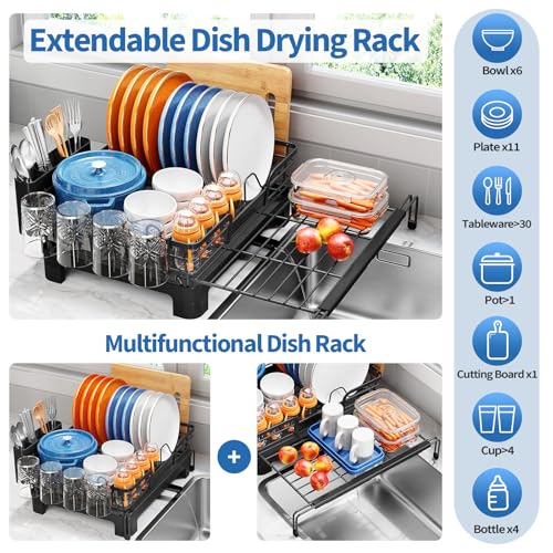 TOOLF Expandable Over The Sink Dish Drying Rack for Kitchen Counter, Black | Extend 12.56"-23.97"L,Stainless Steel & PP,Cups & Cutting Board Holder,Removable Utensil Holder,Adjustable Feet Fit Most Sink - size: 1-Tier(Side Extension)