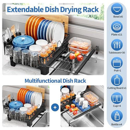 TOOLF Expandable Over The Sink Dish Drying Rack for Kitchen Counter, Black | Extend 12.56"-23.97"L,Stainless Steel & PP,Cups & Cutting Board Holder,Removable Utensil Holder,Adjustable Feet Fit Most Sink - size: 1-Tier(Side Extension)