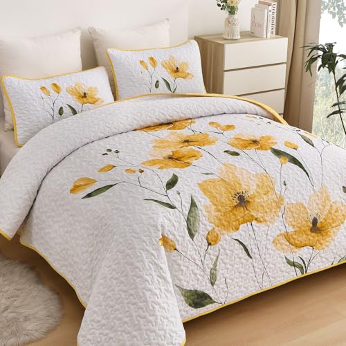 Mybedsoul Floral Quilt Set Queen Size, 3 Pieces Yellow Bedspread Coverlet Set, Lightweight Farmhouse Botanical Bedding Set for Fall Winter All Season(96"x90") - color: Yellow, size: Queen96"x90"