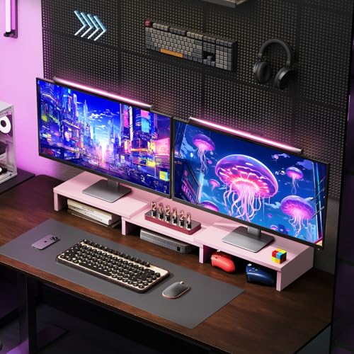 TAVR Dual Monitor Stand Riser, Wooden Computer Monitor Stand for 2 Monitors | Extra Long Multifunctional Desktop Organizer Riser for TV, PC Monitor, Laptop, Printer, Max 43.3" Length, Pink - color: Pink