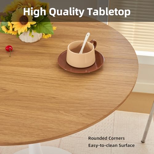 Round Dining Table, 31.5" Circle Tulip Table with Thickened Tabletop & Metal Pedestal, Mid Century Modern Bistro Table for Kitchen, Small Places, Living Room, Cafe (Faux Oak) - color: Faux Oak, size: 31.5"