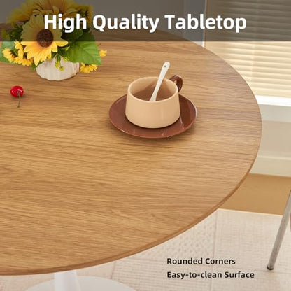 Round Dining Table, 31.5" Circle Tulip Table with Thickened Tabletop & Metal Pedestal, Mid Century Modern Bistro Table for Kitchen, Small Places, Living Room, Cafe (Faux Oak) - color: Faux Oak, size: 31.5"