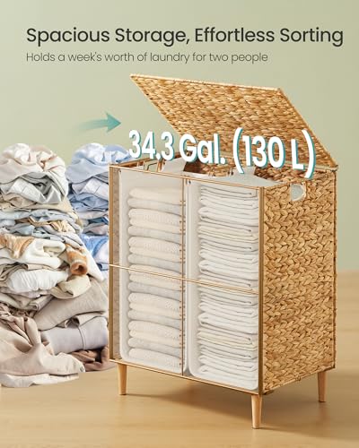 SONGMICS Laundry Hamper 2 Sections, 34.3 Gal. (130 L) Handwoven Water Hyacinth Wicker Laundry Basket with Lid, Natural Material, Removable Machine Washable Liners, Handles, Natural ULCB202Y01 - color: Natural, size: 130 L (Handwoven）