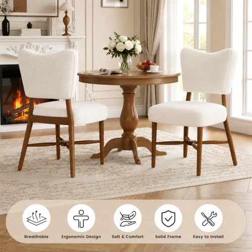 Farmhouse Dining Chairs Set of 2, Linen Seat, Wood Legs, Cream | Mid Century Modern, Upholstered Padded Cushion, Solid Wood Cross-Brace, Easy 15-Min Assembly, Kitchen Dining Room - color: Cream, size: Set of 2