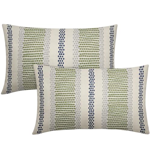 Navy Blue Lime Green Pillow Covers 12x20 Set of 2 Grey Dot Print Striped Lumbar Rectangle Decorative Outdoor Pillowcases Boho Rustic Farmhouse Decorative Throw Cushion Case Decor for Couch Sofa Bed - color: Blue Green Grey Boho Striped, size: 20" x 12" (P