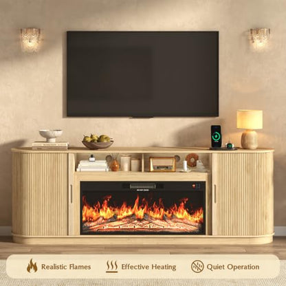 85.6" Fireplace TV Stand for TV Up to 90",Entertainment Center with 40" Electric Fireplace,Simulates 12 Flame Colors,Countertop with Power Outlet, Large Capacity, for Living Room,Natural Oak - color: Oak