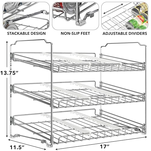 Simple Houseware 3-Tier Stackable Can Organizer Rack Hold 36 Cans, Chrome | Can Food Storage Dispenser for Pantry/Cabinet, Adjustable Dividers – 11.5" D x 17" W x 13.75" H - color: Chrome