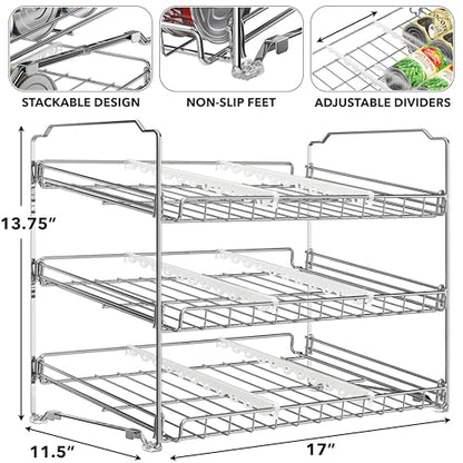 Simple Houseware 3-Tier Stackable Can Organizer Rack Hold 36 Cans, Chrome | Can Food Storage Dispenser for Pantry/Cabinet, Adjustable Dividers – 11.5" D x 17" W x 13.75" H - color: Chrome