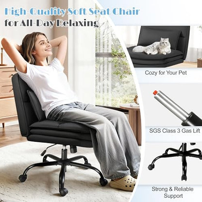 Furmax Criss Cross Legged Office Chair with Wheels, Armless Extra Wide Seat Swivel Desk Chair, Adjustable Height Comfy Task Chair with Thick Cushion for Home Office Bedroom Vanity (PU Leather, Black) - color: Black