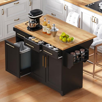 Kitchen Island with Trash Can Storage & Pull-Out Trays | Solid Rubberwood Countertop Kitchen Island on Wheels, Drop Leaf, Power Outlet, 3 Drawers - color: Black