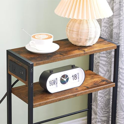 HOOBRO Small Narrow Side Table with Charging Station, Skinny End Table for Small Spaces, Slim Nightstand with USB Ports Outlet, Sofa Beside Table with Storage Shelf, Rustic Brown and Black BF102UBZ01 - color: Rustic Brown + Black