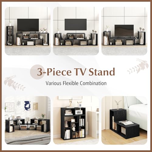 Giantex Free-Combination TV Stand for Bedroom - Entertainment Center for 50 55 60 65 Inch TV, 3-Piece Media Console Table with Storage Cubes, Deformable Open Storage Bookcase Shelf (Black Wood Grain) - color: Black Wood Grain