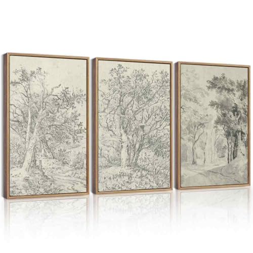 KUVIOKE Vintage Tree Framed Wall Art Retro Antique Forest Drawings Nature Wilderness Sketch Wall Painting Modern Landscape Decor 16x24in (Natural Framed) - color: Vintage Trees, size: 16 x 24in x 3 Panels Natural
