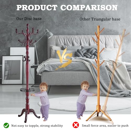 Coat Racks FreeStanding with 14 Hooks, Natural Wood Coat Rack with Solid Round Base, Adjustable Height Coat Racks, Easy Assembly for Hallway, Bedroom and Office (Reddish brown-Tray) - color: Reddish brown-Tray