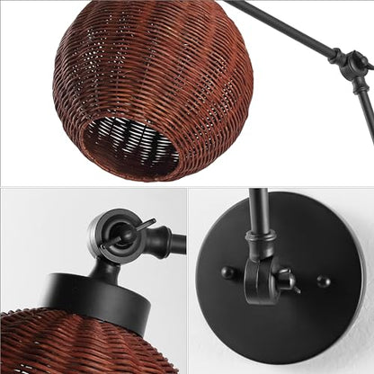 JONATHAN Y Lyla 8.38" 1-Light Swing Arm Sconce Rattan, Black/Dark Brown | Mid-Century Vintage Bohemian Globe Shade, Reading Light, Metal Construction, Hardwired, LED Bulb Included
