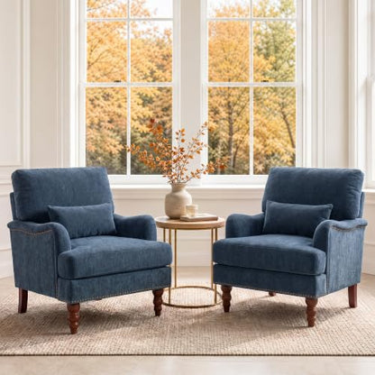 Mid-Century Modern Accent Chair with Lumbar Pillow, Navy, 2 Pack | Upholstered Chenille Armchair, Solid Wood Frame & Legs, Comfy Reading Lounge Sofa for Living Room Bedroom, & Small Spaces - color: Chenille Navy, size: 2 Seat