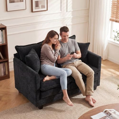 50'' Loveseat Sofa Set, Small Couch Set 2 Piece Cloud Love Seat with 27" Deep Seat Washable Chenille Pillows Couches for Small Spaces Apartment Living Room, Black - color: Black, size: 50"+50"