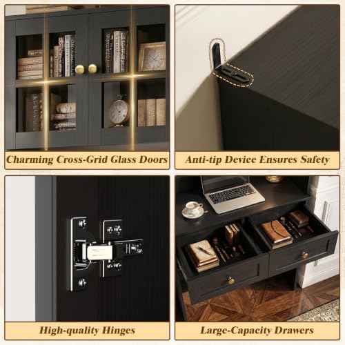 Besiost Farmhouse Desk with Glass Hutch, Small Writing Study Desk with Drawers, Multi-Function Desk for Home Office, Bedroom, Kitchen, Black (27.6" L × 11.8" D × 80" H) - color: Black, size: 27.6"
