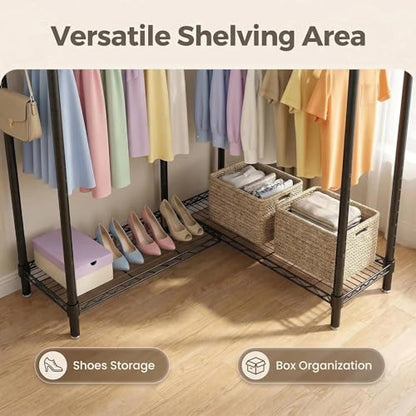 L Shaped Heavy Duty Garment Rack with Shelves, Black | Heavy Duty Clothes Rack with 3 Hanging Rods & 5 Shelves, Freestanding Adjustable Garment Rack for Bedroom - size: 58.27''W×17.13D''×76.38''H