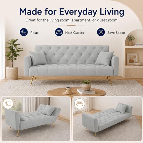 Majnesvon 71" Convertible Folding Sleeper Sofa Couch,Modern Velvet Loveseat Sleeper with 2 Pillows, Futon Sofa Bed with Mattress and Frame for Living Room,Bedroom,Small Space (Grey) - color: Grey