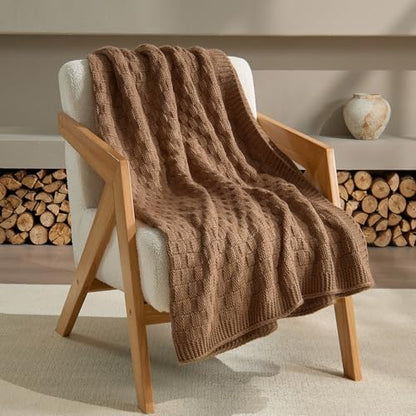 Light Brown Throw Blanket, Cute Checkerboard Knit, 50x60 Inches | Soft Cozy Lightweight Knit Blanket for Couch Bed, Warm and Breathable, Reversible Textured Knit Throw, Caramel Brown - color: Check-light Brown, size: 50"x60"